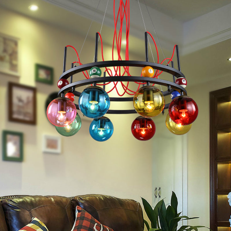 Black Round Ceiling Chandelier Vintage Colorful Glass 8/12/16 Bulbs Living Room Pendant Light with Billiard Decoration