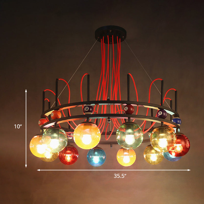 Black Round Ceiling Chandelier Vintage Colorful Glass 8/12/16 Bulbs Living Room Pendant Light with Billiard Decoration