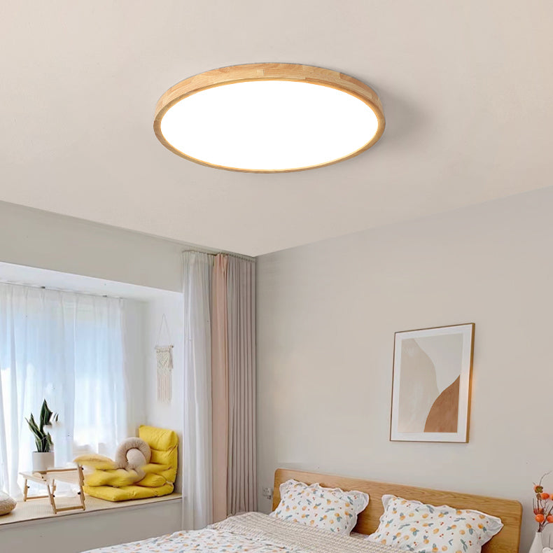 Modern Circle Shape Flush Ceiling Light Wood Flush Mount Light with Acrylic Shade in Brown