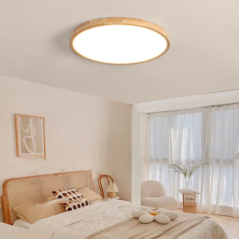 Modern Circle Shape Flush Ceiling Light Wood Flush Mount Light with Acrylic Shade in Brown