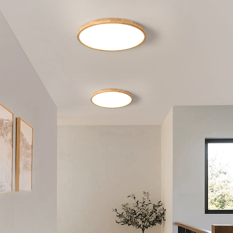 Modern Circle Shape Flush Ceiling Light Wood Flush Mount Light with Acrylic Shade in Brown