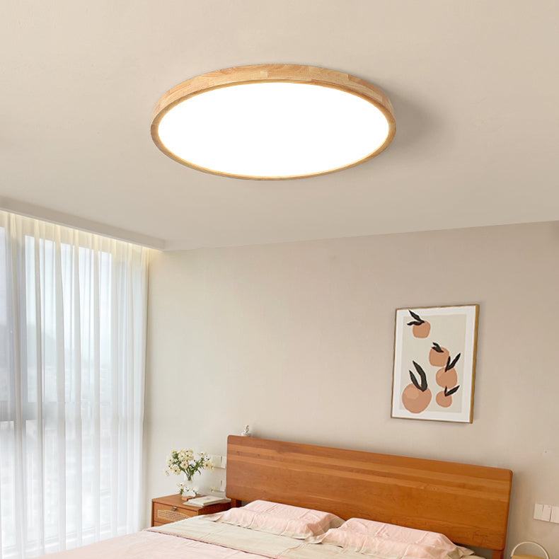 Modern Circle Shape Flush Ceiling Light Wood Flush Mount Light with Acrylic Shade in Brown