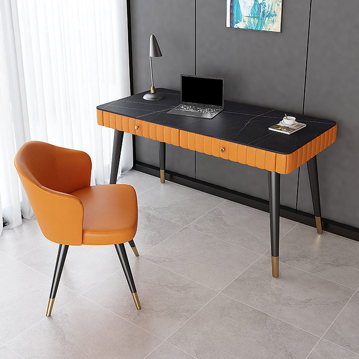 Contemporary Office Desk Sintered Stone Desktop with 2 Drawers Black Table Leg Desk