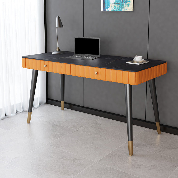 Contemporary Office Desk Sintered Stone Desktop with 2 Drawers Black Table Leg Desk