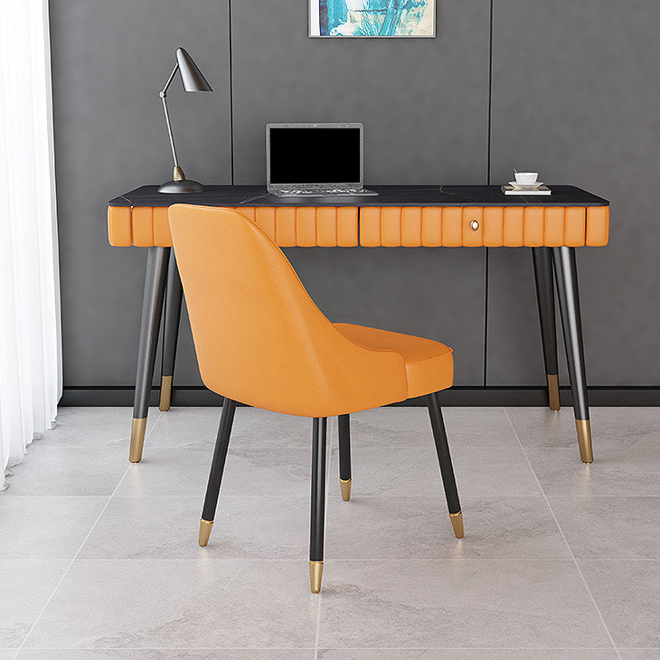 Contemporary Office Desk Sintered Stone Desktop with 2 Drawers Black Table Leg Desk