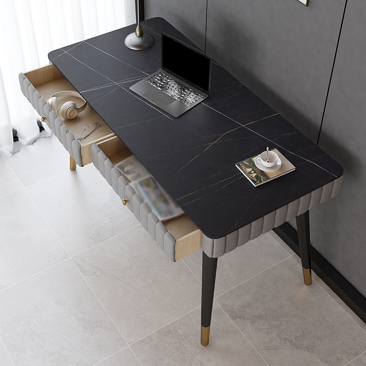 Contemporary Office Desk Sintered Stone Desktop with 2 Drawers Black Table Leg Desk