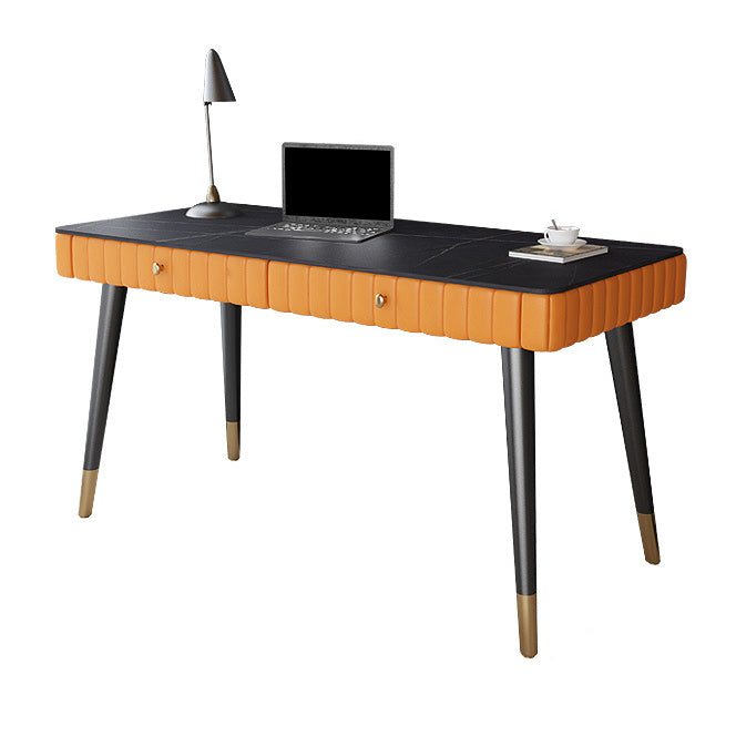 Contemporary Office Desk Sintered Stone Desktop with 2 Drawers Black Table Leg Desk