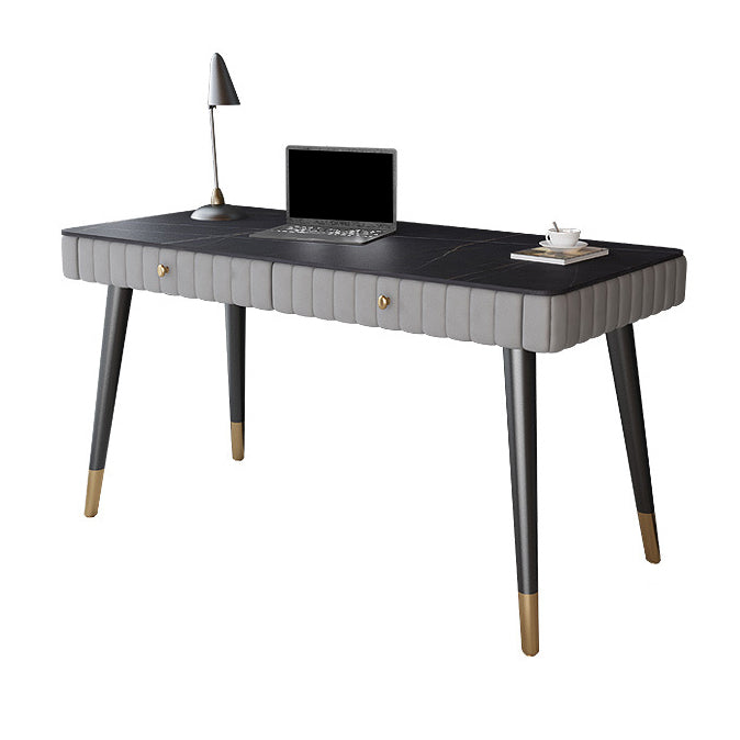 Contemporary Office Desk Sintered Stone Desktop with 2 Drawers Black Table Leg Desk