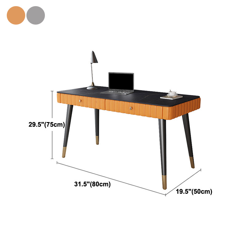 Contemporary Office Desk Sintered Stone Desktop with 2 Drawers Black Table Leg Desk