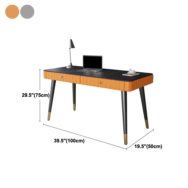 Contemporary Office Desk Sintered Stone Desktop with 2 Drawers Black Table Leg Desk