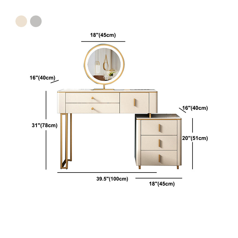 Stone Top Vanity Desk with 6 Drawers, Metallic White/Grey, 15.75" D x 30.71" H