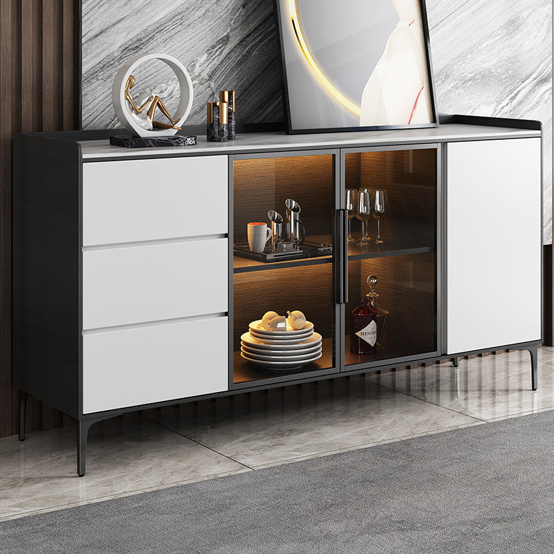 Contemporary Glass Doors Sideboard Table Stone Side Board with Drawers and Storage