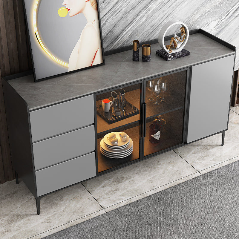 Contemporary Glass Doors Sideboard Table Stone Side Board with Drawers and Storage