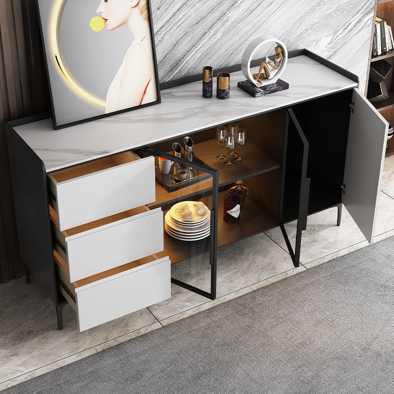 Contemporary Glass Doors Sideboard Table Stone Side Board with Drawers and Storage