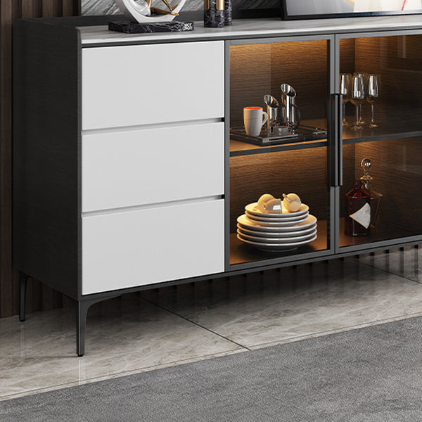 Contemporary Glass Doors Sideboard Table Stone Side Board with Drawers and Storage