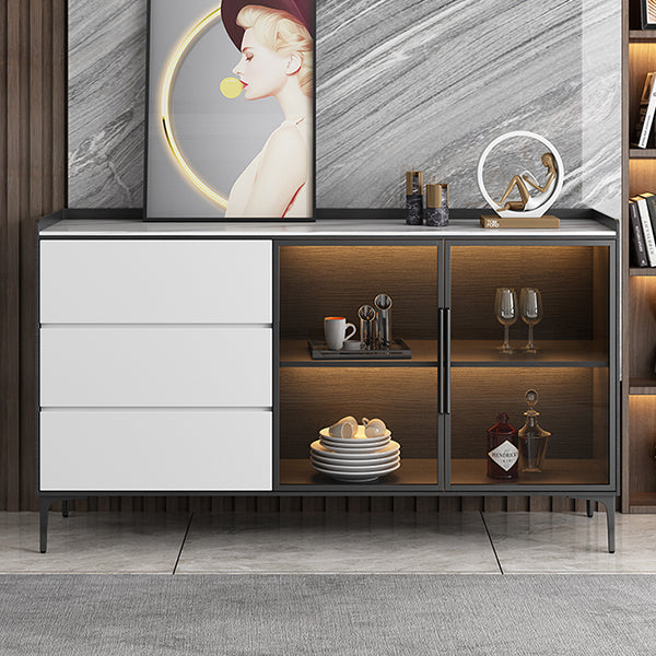 Contemporary Glass Doors Sideboard Table Stone Side Board with Drawers and Storage