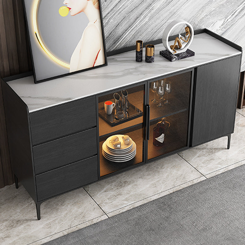 Contemporary Glass Doors Sideboard Table Stone Side Board with Drawers and Storage