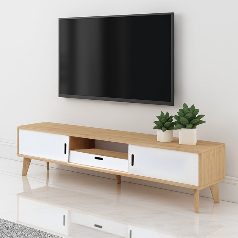 15" H Bamboo TV Stand , 2 Doors And Open Shelf TV Console with Sliding Storage