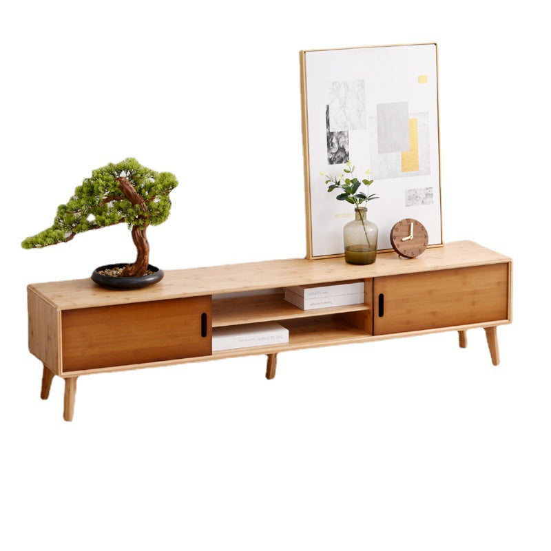 15" H Bamboo TV Stand , 2 Doors And Open Shelf TV Console with Sliding Storage