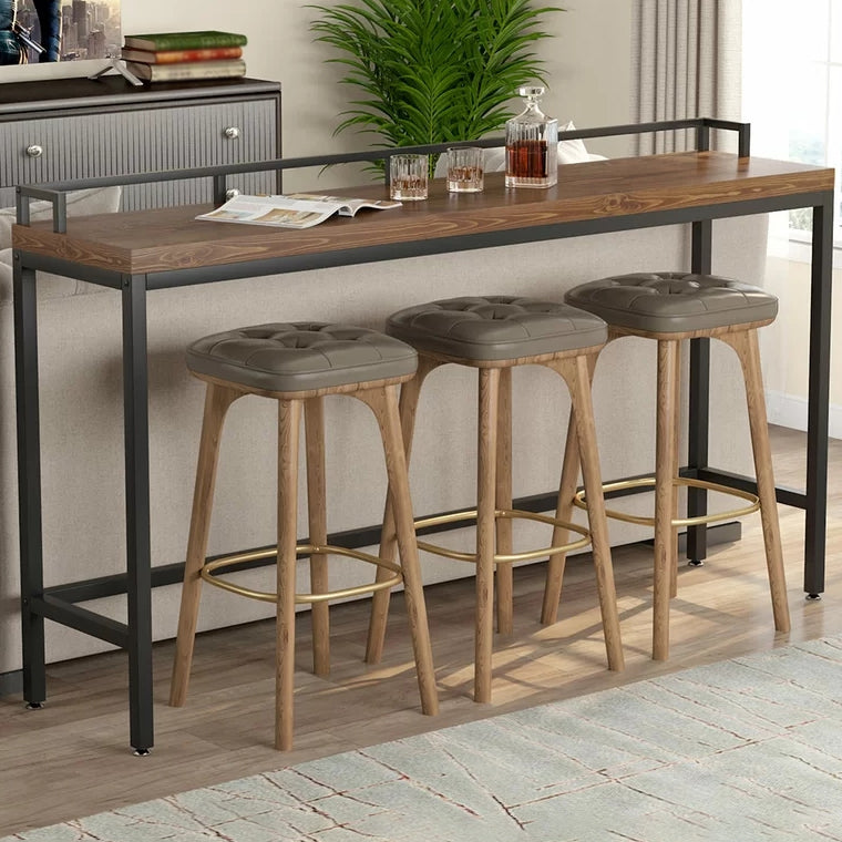 Pine Wood Top Bar Dining Table Industrial Bar Table with Trestle Base in Black