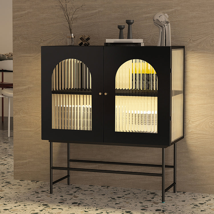 Modern Iron Sideboard Glass Doors Cabinets Dining Server with Light for Living Room