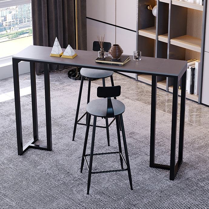 Industrial Sintered Stone Top Bar Table Rectangle Bar Table with Double Pedestal in Black