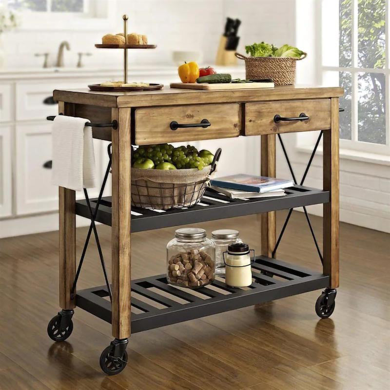 Industrial Rolling Kitchen Cart Wood Rectangular Kitchen Island Cart