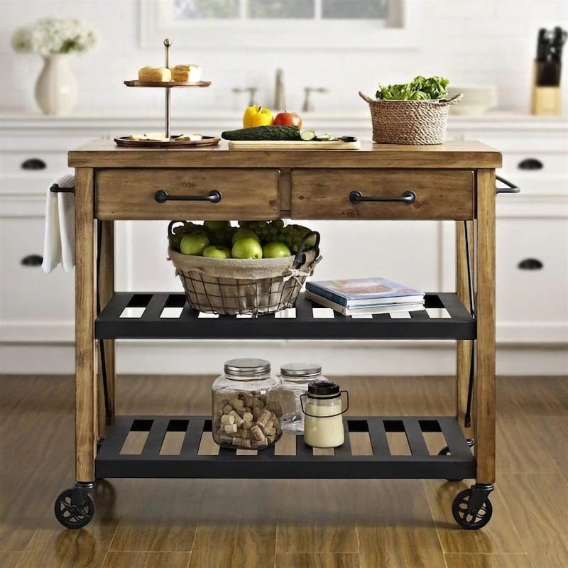 Industrial Rolling Kitchen Cart Wood Rectangular Kitchen Island Cart