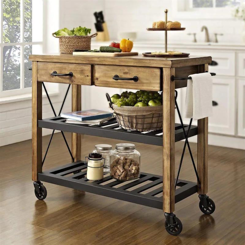 Industrial Rolling Kitchen Cart Wood Rectangular Kitchen Island Cart