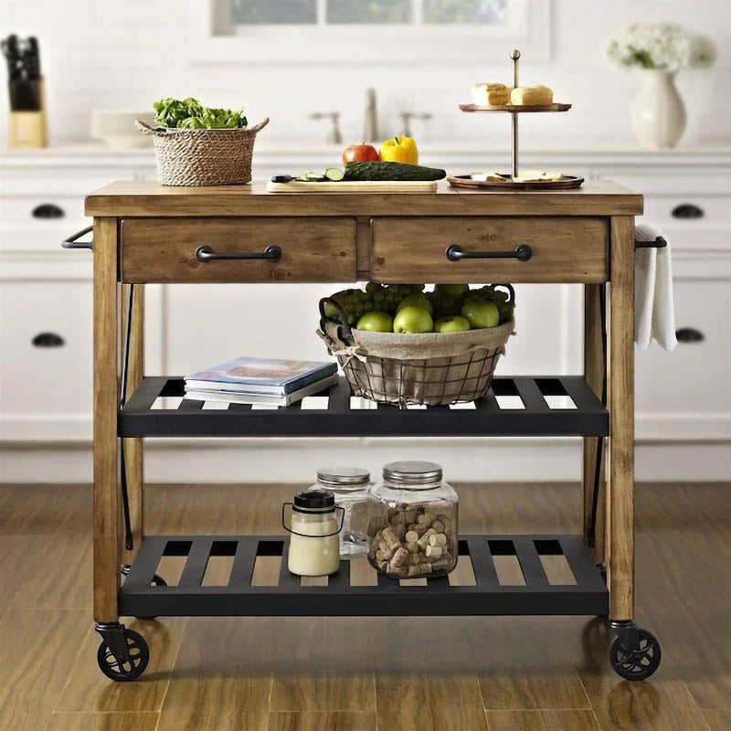 Industrial Rolling Kitchen Cart Wood Rectangular Kitchen Island Cart