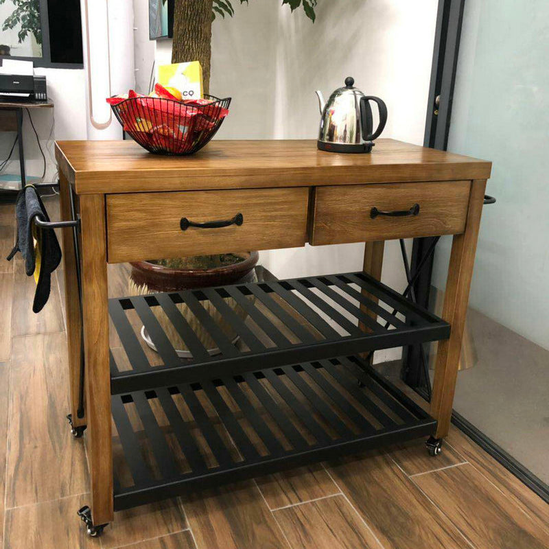 Industrial Rolling Kitchen Cart Wood Rectangular Kitchen Island Cart