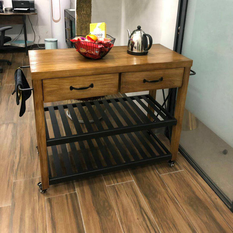 Industrial Rolling Kitchen Cart Wood Rectangular Kitchen Island Cart