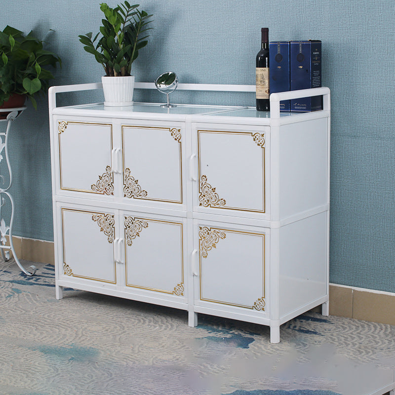 White Aluminum Frame Sideboard Tempered Glass Top Cupboard for Kitchen