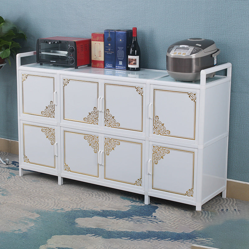 White Aluminum Frame Sideboard Tempered Glass Top Cupboard for Kitchen