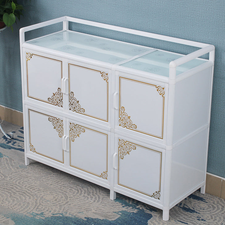 White Aluminum Frame Sideboard Tempered Glass Top Cupboard for Kitchen