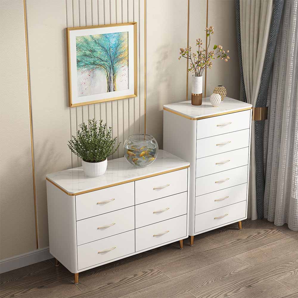 Classic Glam Stone Top Dresser White Storage Chest with Drawer for Bedroom