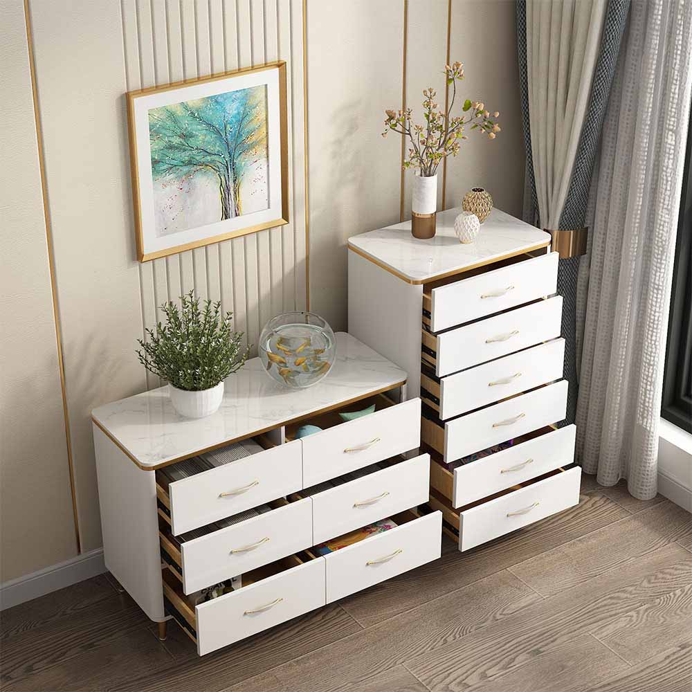 Classic Glam Stone Top Dresser White Storage Chest with Drawer for Bedroom