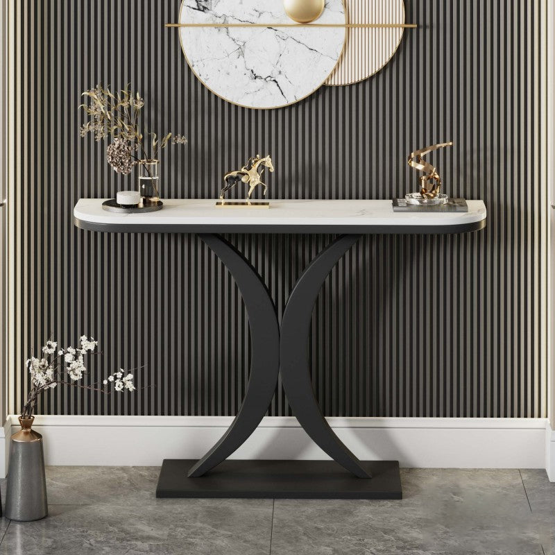 Slate and Metal Stain Resistant Glam Half Moon Console Table for Hall