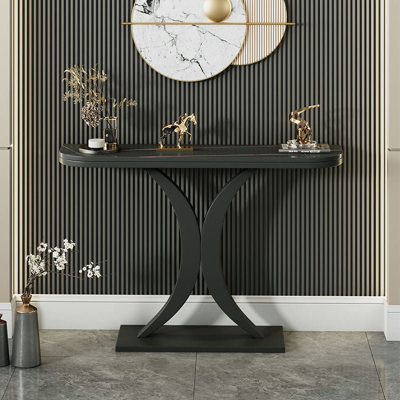 Slate and Metal Stain Resistant Glam Half Moon Console Table for Hall