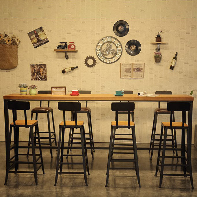 Pine Wood Top Rectangle Bar Table Industrial Bistro Table with Trestle Base in Black