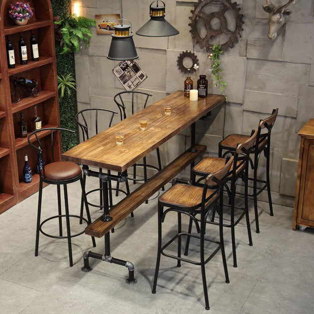 Pine Wood Top Rectangle Bar Table Industrial Bistro Table with Trestle Base