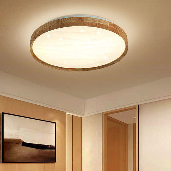 Plastic Circular Ceiling Light in Modern Minimalist Wooden LED Flush Mount in Brown