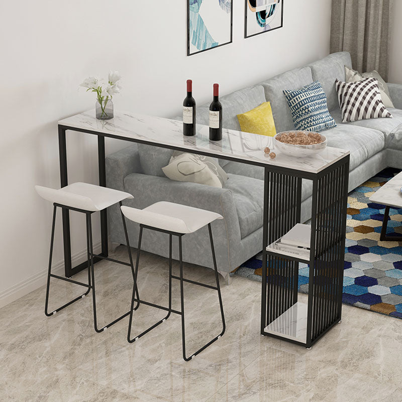 Rectangular Artificial Marble Bar Table Modern Bistro Table with Double Pedestal in Black