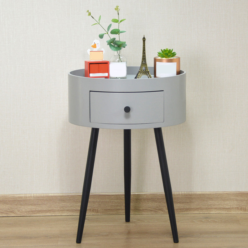 Contemporary Round Night Table with Drawer Metal Tripod  Nightstand