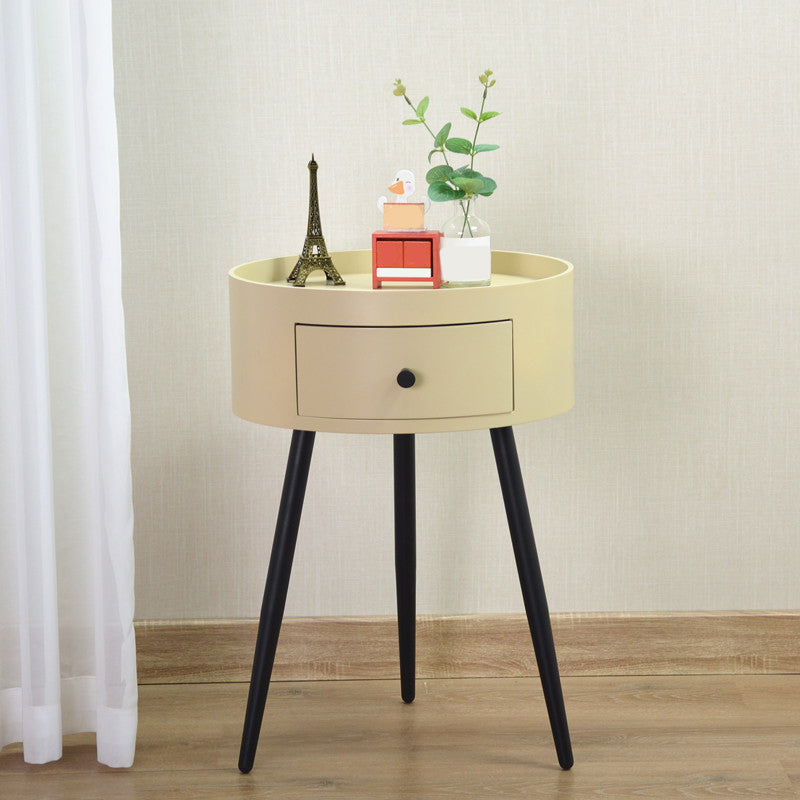 Contemporary Round Night Table with Drawer Metal Tripod  Nightstand