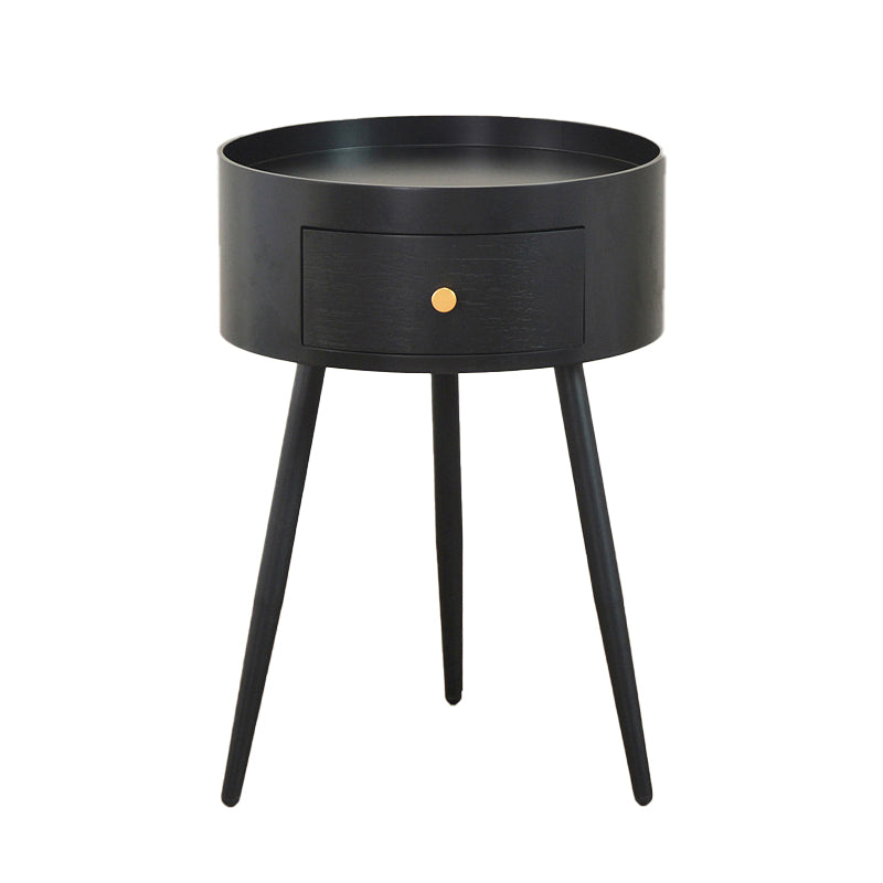 Contemporary Round Night Table with Drawer Metal Tripod  Nightstand