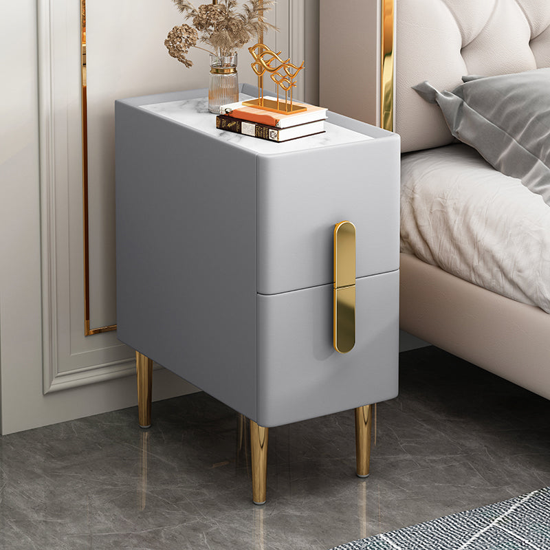 Stone Top Nightstand with 4 Legs Glam Leather Night Table with Drawers