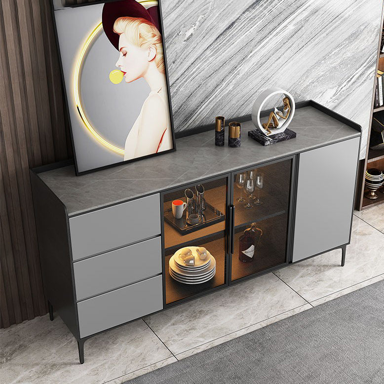 Modern Stone 33.4"H Sideboard Buffet 3-Drawer Dining Room Buffet Server with Glass Doors