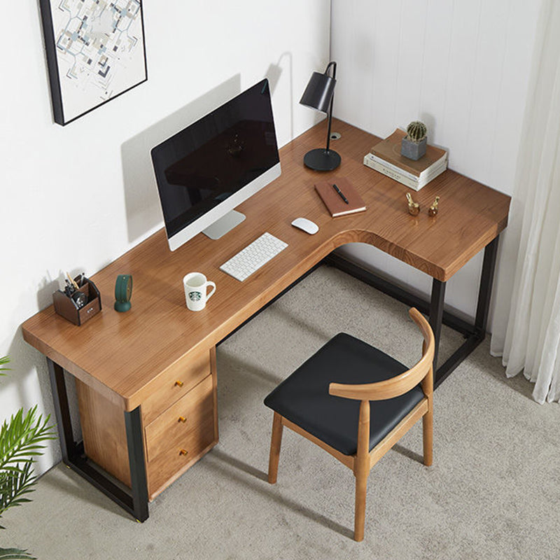 Solid Wood Writing Desk Industrial Style L-Shape Office Desk for Home Office