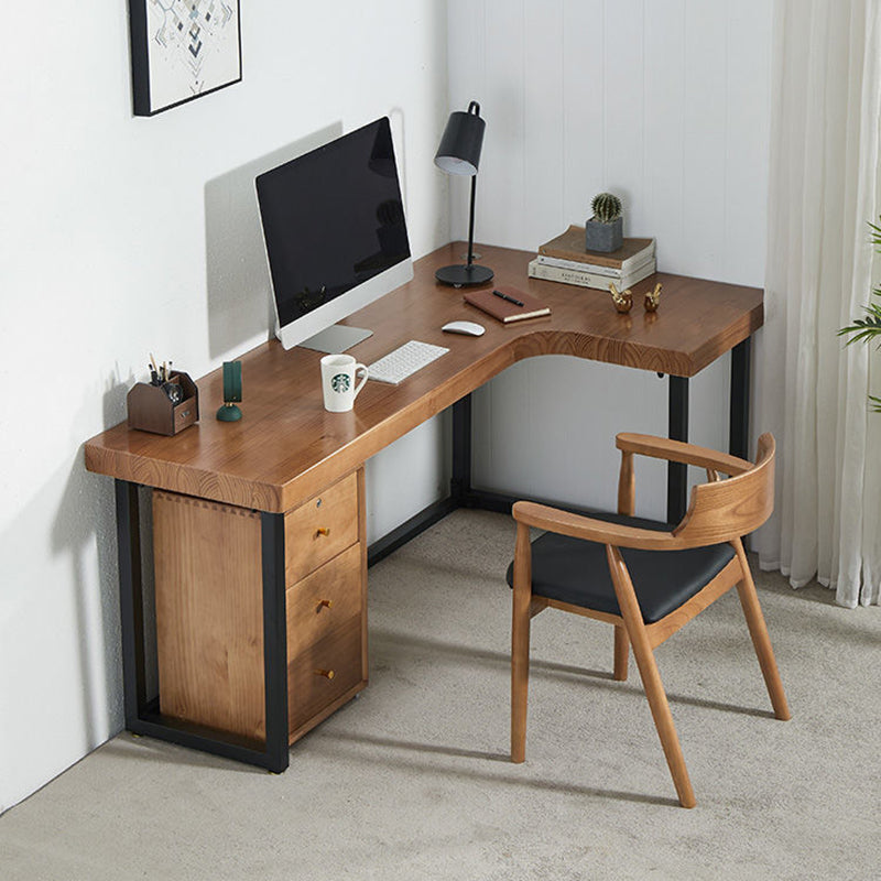 Solid Wood Writing Desk Industrial Style L-Shape Office Desk for Home Office